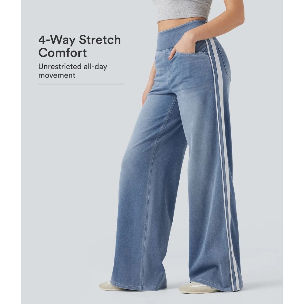 Halara Flex High Waisted Stripe Wide Leg Flowy Washed Casual Jeans Med Regular